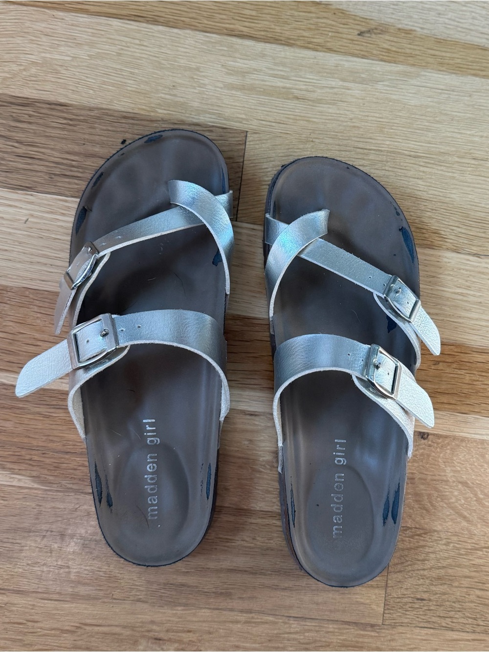 Madden Girl Silver Buckle Slide Sandals
